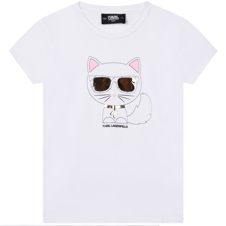 KARL LAGERFELD KIDS T-shirt dziewczęcy z krótkim rękawem ze srebrną aplikacją kotka