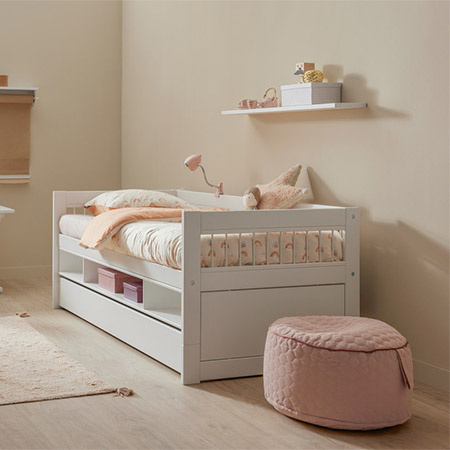 LIFETIME Kidsrooms Breeze Łóżko dziecięce z półkami i szufladą 90x200 cm, białe
