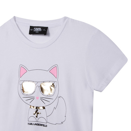KARL LAGERFELD KIDS T-shirt dziewczęcy z krótkim rękawem ze srebrną aplikacją kotka