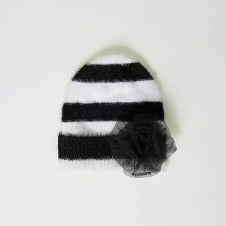 TWINSET Girls black and white striped beanie with brooch