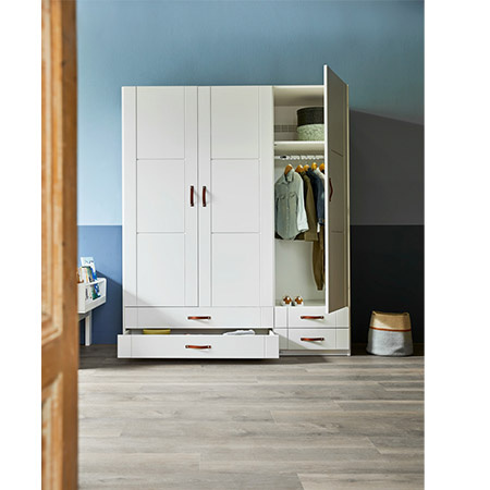 LIFETIME Kidsrooms  Szafa dziecięca trzydzwiowa z wieszakami i szufladami 150 cm, biała