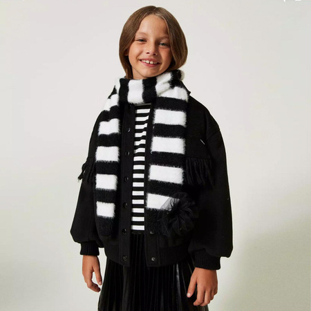 TWINSET Szalik dziewczęcy w czarno-białe pasy z ozdobną broszką z organzy