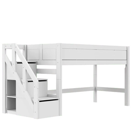 LIFETIME Kidsrooms Łóżko 90x200 cm na niskiej antresoli 128 cm ze schodami, białe
