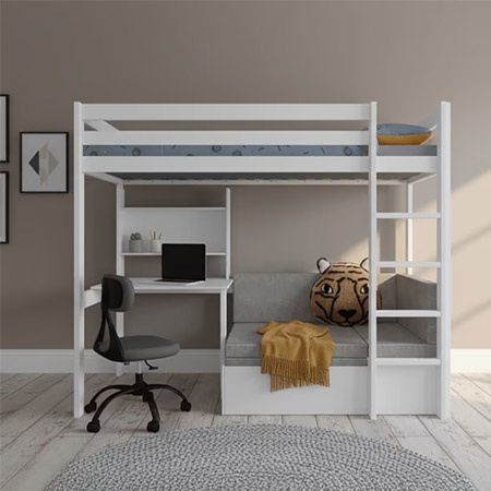 LIFETIME Kidsrooms Łóżko na wysokiej antresoli 177 cm z biurkiem i sofą, white