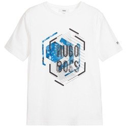 BOSS Kids T-shirt chłopięcy z krótkim rękawem biały z nadrukiem 
