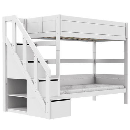 LIFETIME Kidsrooms Łóżko piętrowe niskie ze schodami 90x200 cm, białe