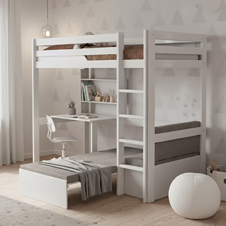 LIFETIME Kidsrooms Łóżko na wysokiej antresoli 177 cm z biurkiem i sofą, white