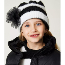 TWINSET Girls black and white striped beanie with brooch