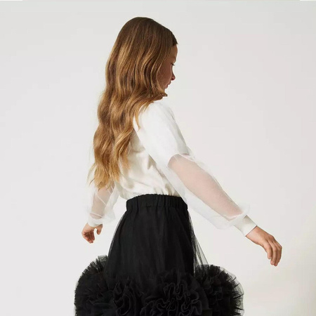 TWINSET Girls white poplin top with organza sleeves