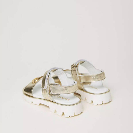 TWINSET Girls laminated leather sandals with Oval T, gold