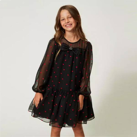 TWINSET Girls short dress with heart pattern georgette and duchesse