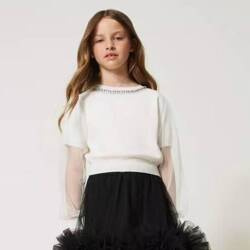 TWINSET Girls white poplin top with organza sleeves