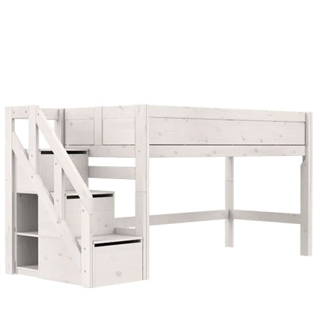LIFETIME Kidsrooms ŁЛіжко 90x200 см на низькому мезоніні 128 см зі сходами, Бриз, побілено