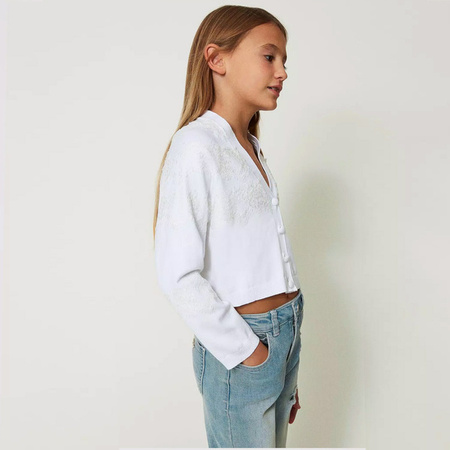 TWINSET Girls white knit cardigan with lace