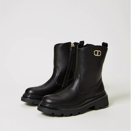 TWINSET Girls black leather boots with oval T logo
