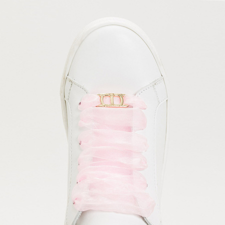 TWINSET Sneakersy dziecięce dla dziewczynki skórzane białe z różową tiulową sznurówką