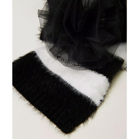 TWINSET Szalik dziewczęcy w czarno-białe pasy z ozdobną broszką z organzy